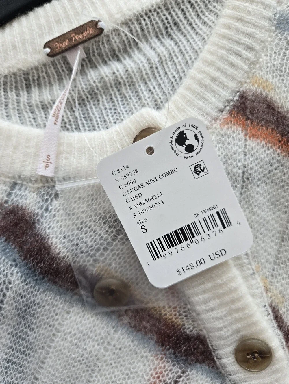 Free People Cream Plaid Cropped Cardigan with Brown and Gray Checks